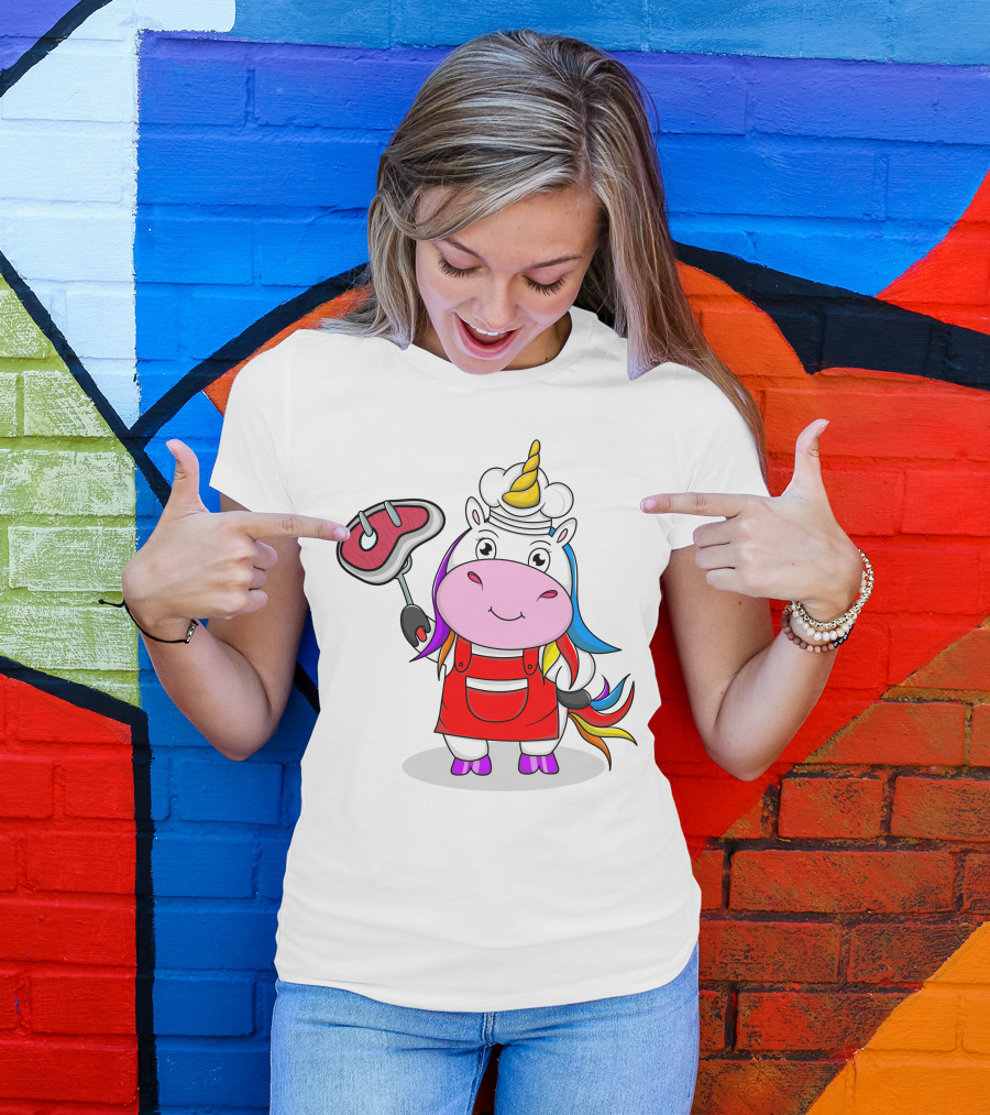 Barbecue Unicorn Chef With Rainbow Mane And Grilled Steak T-Shirt
