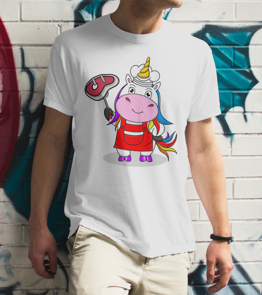Barbecue Unicorn Chef With Rainbow Mane And Grilled Steak T-Shirt
