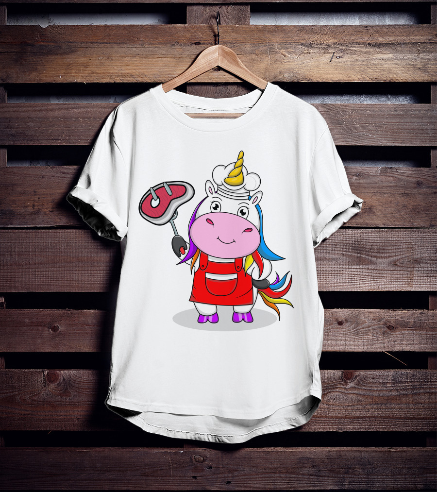 Barbecue Unicorn Chef With Rainbow Mane And Grilled Steak T-Shirt