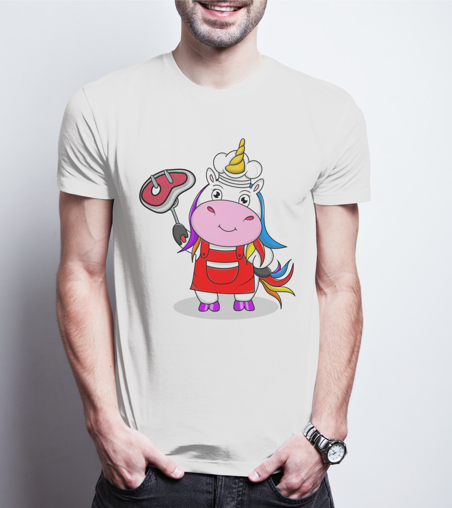 Barbecue Unicorn Chef With Rainbow Mane And Grilled Steak T-Shirt
