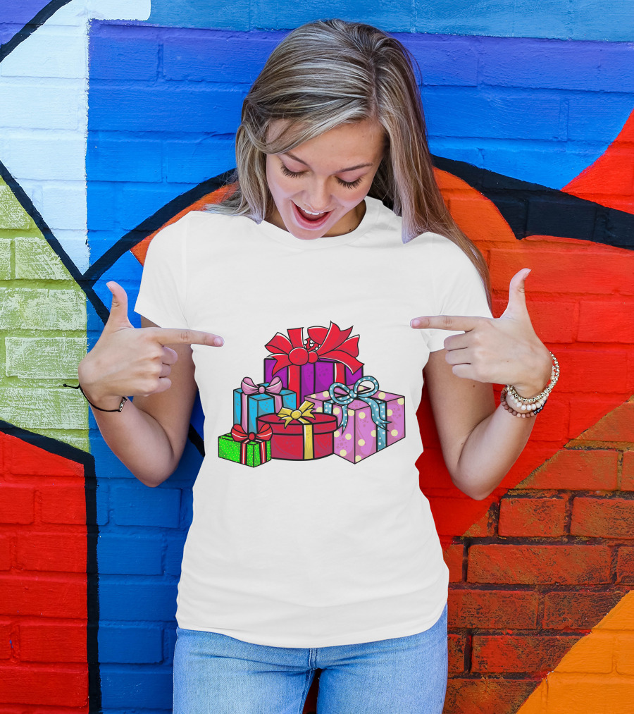 Christmas Presents With Bright Bows And Polka Dots T-Shirt
