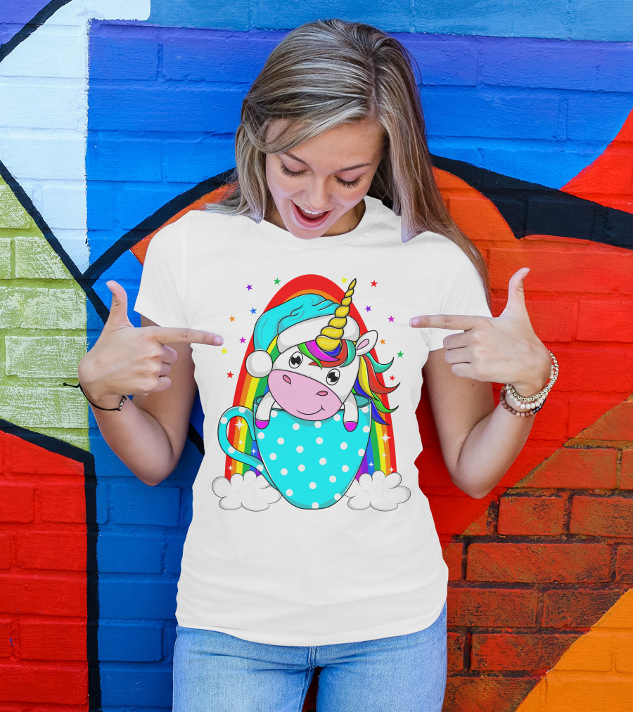Christmas Unicorn In Cup Rainbow Santa Hat Stars T-Shirt