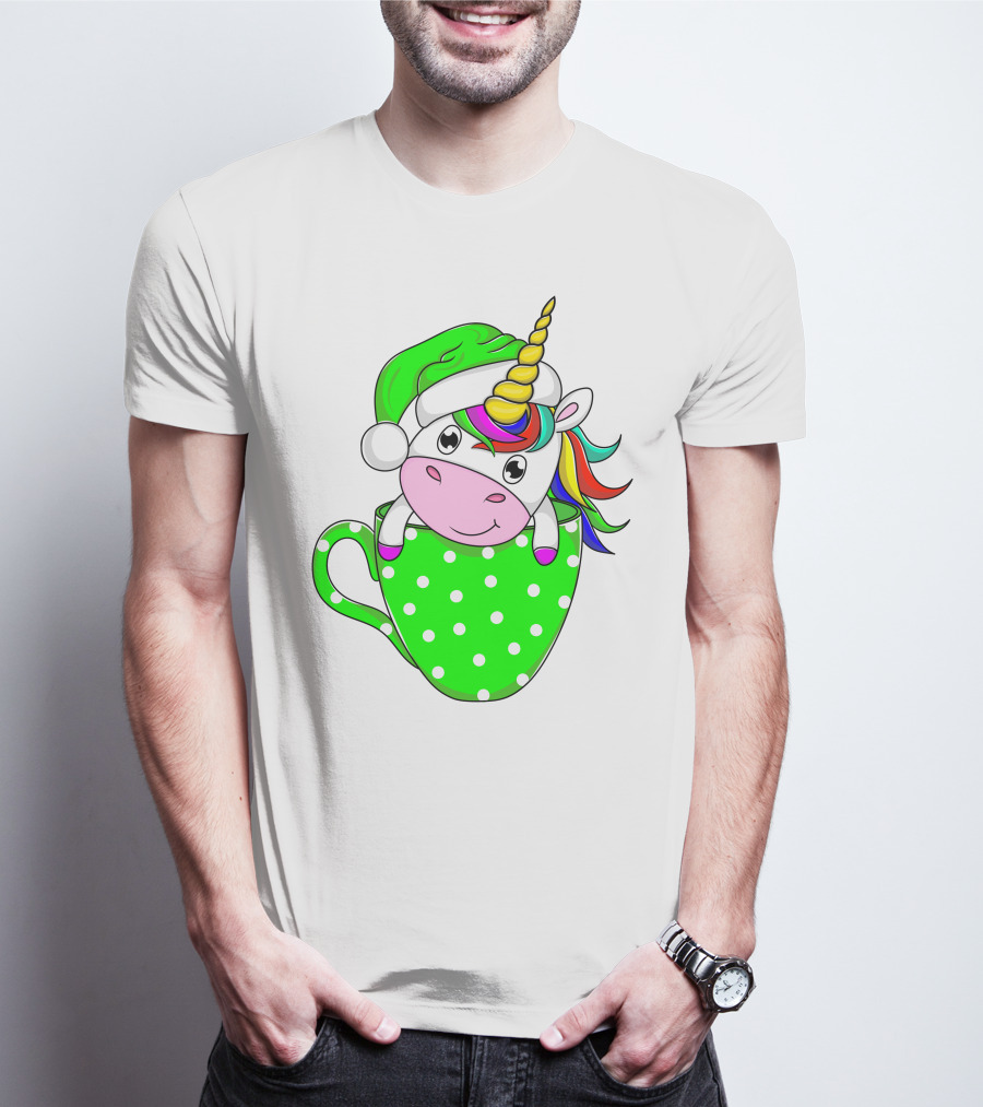 Funny Christmas Unicorn In Santa Hat With Green Polka Dot Cup T-Shirt