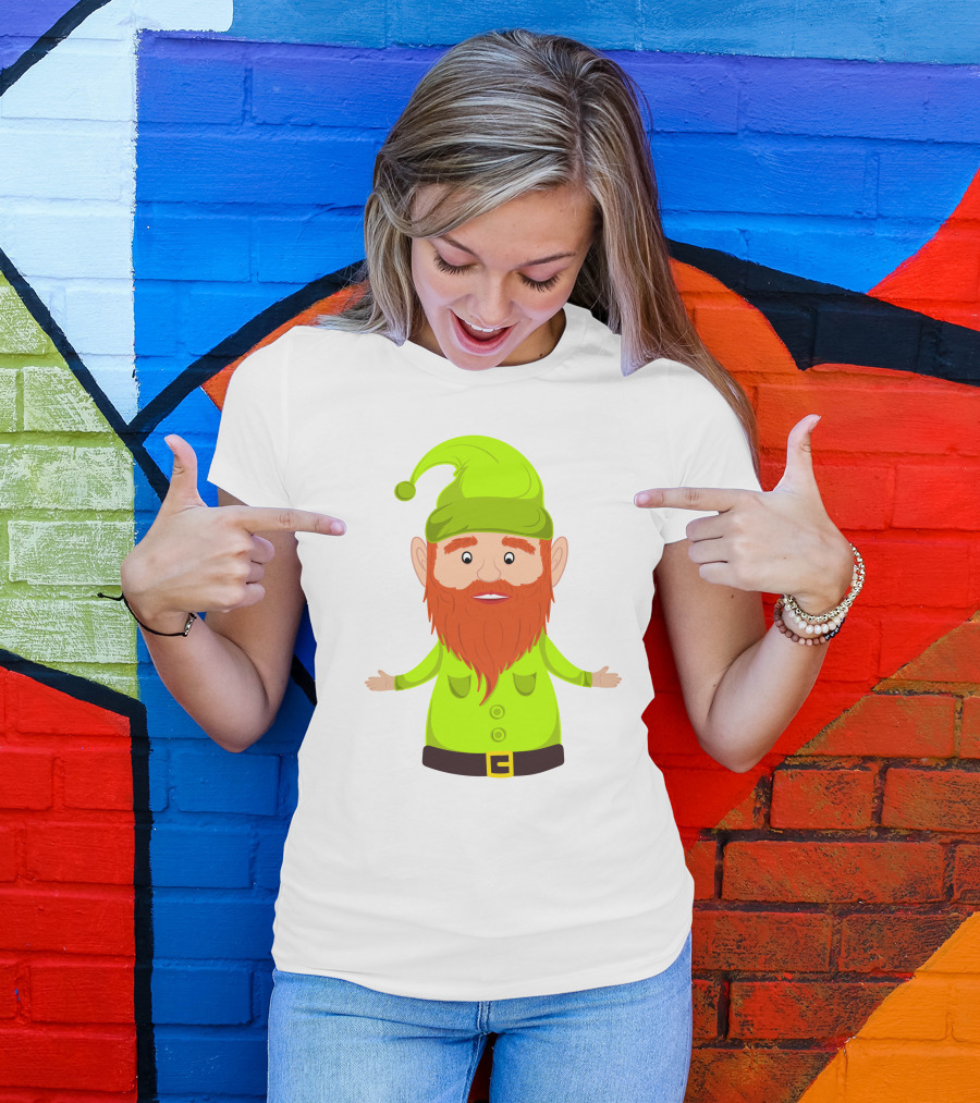 Gnome ELF Christmas Bright Green Hat Brown Belt Red Beard T-Shirt