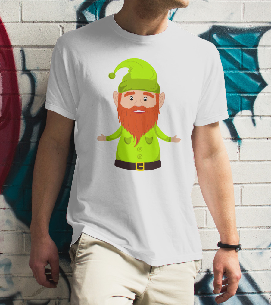 Gnome ELF Christmas Bright Green Hat Brown Belt Red Beard T-Shirt