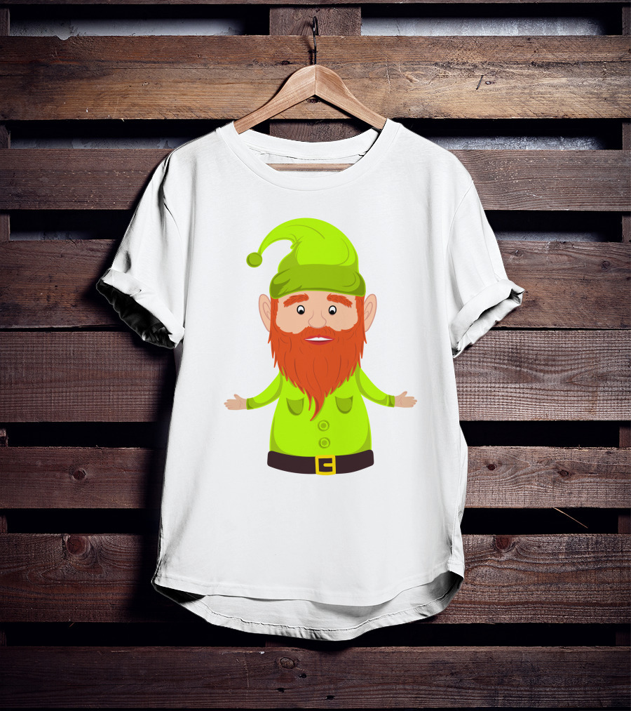 Gnome ELF Christmas Bright Green Hat Brown Belt Red Beard T-Shirt