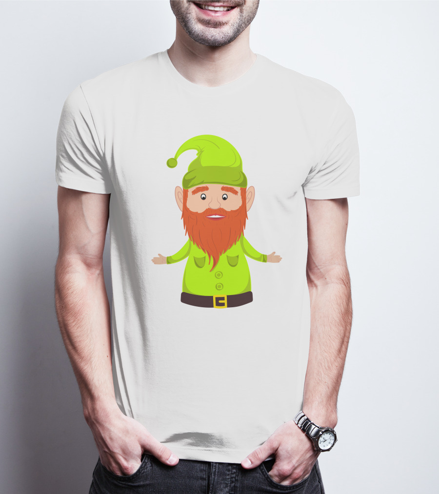 Gnome ELF Christmas Bright Green Hat Brown Belt Red Beard T-Shirt