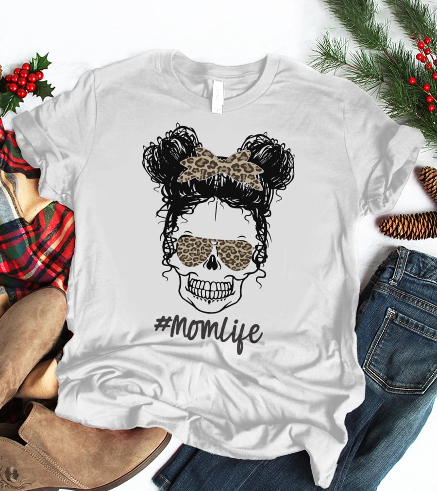 MomLife Messy Bun Skull Leopard Bow Sunglasses T-Shirt