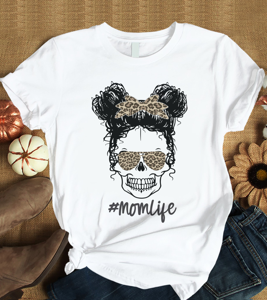MomLife Messy Bun Skull Leopard Bow Sunglasses T-Shirt