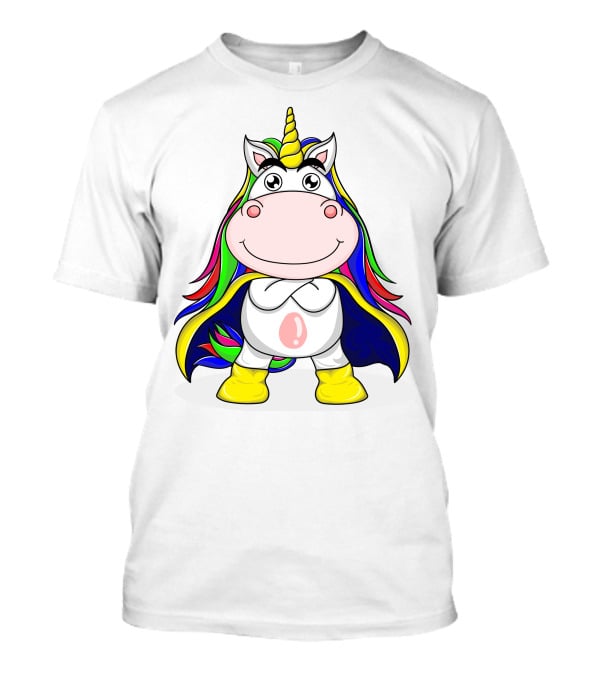 Superhero Unicorn With Rainbow Cape And Yellow Boots T-Shirt