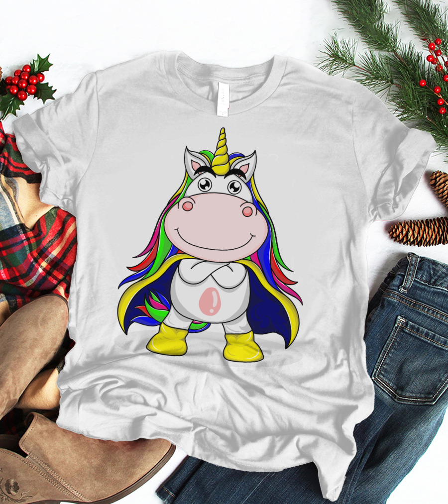 Superhero Unicorn With Rainbow Cape And Yellow Boots T-Shirt