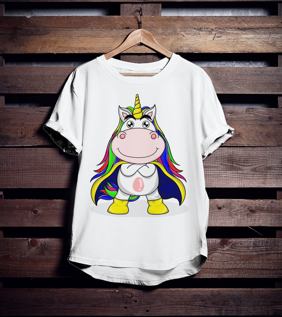 Superhero Unicorn With Rainbow Cape And Yellow Boots T-Shirt