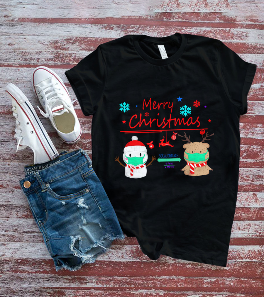 Merry Christmas Social Distance Snowman And Reindeer With Masks T-Shirt