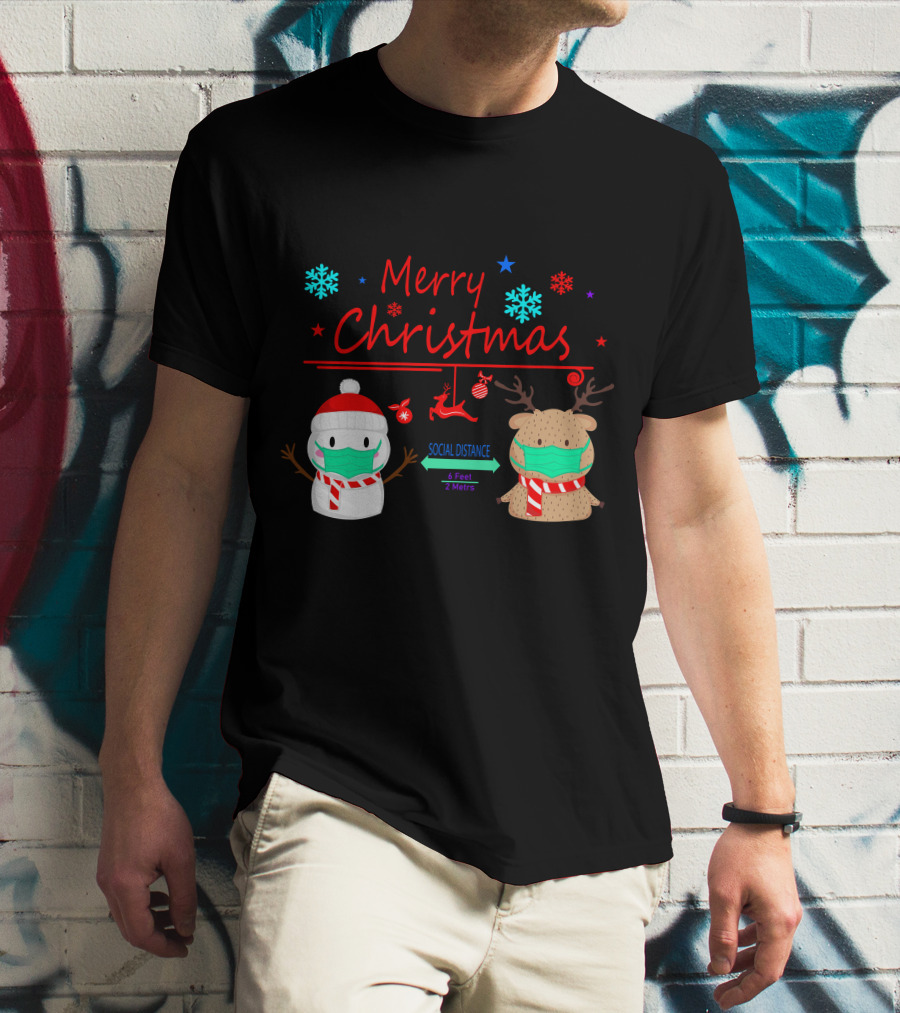 Merry Christmas Social Distance Snowman And Reindeer With Masks T-Shirt