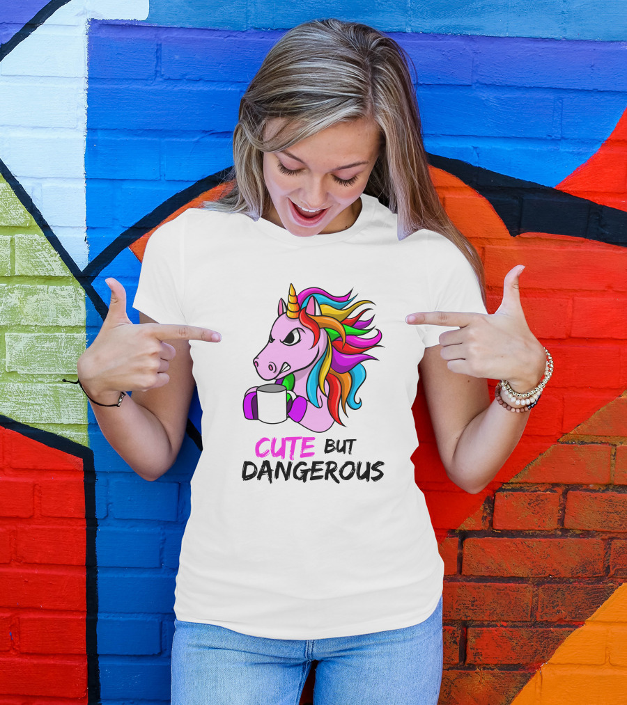 Cute But Dangerous Pink Unicorn With Rainbow Mane And Coffee Mug T-Shirt