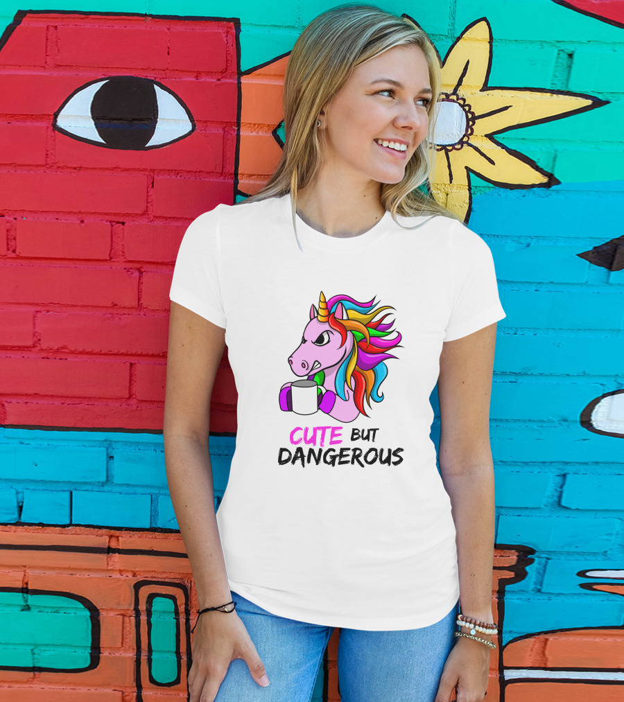 Cute But Dangerous Pink Unicorn With Rainbow Mane And Coffee Mug T-Shirt