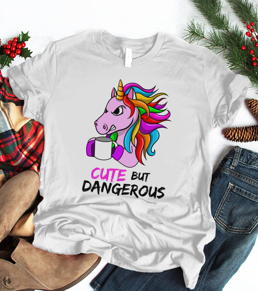 Cute But Dangerous Pink Unicorn With Rainbow Mane And Coffee Mug T-Shirt