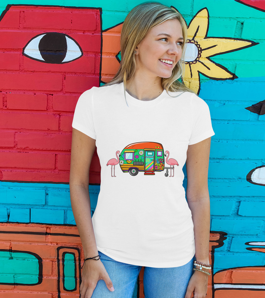 Flamingo Camping Retro Floral Caravan T-Shirt