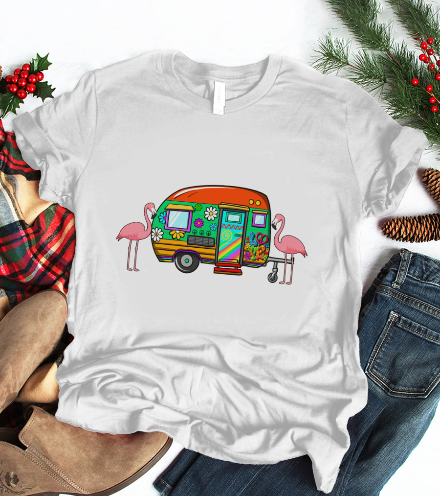 Flamingo Camping Retro Floral Caravan T-Shirt