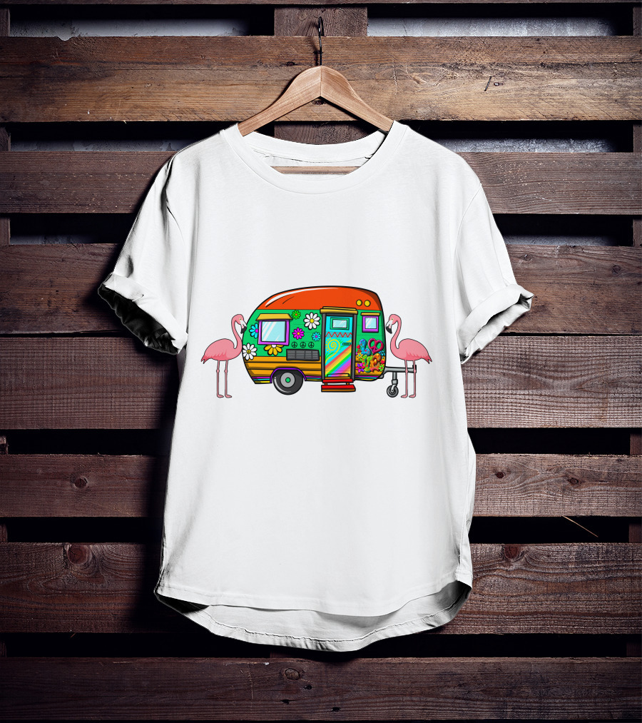 Flamingo Camping Retro Floral Caravan T-Shirt