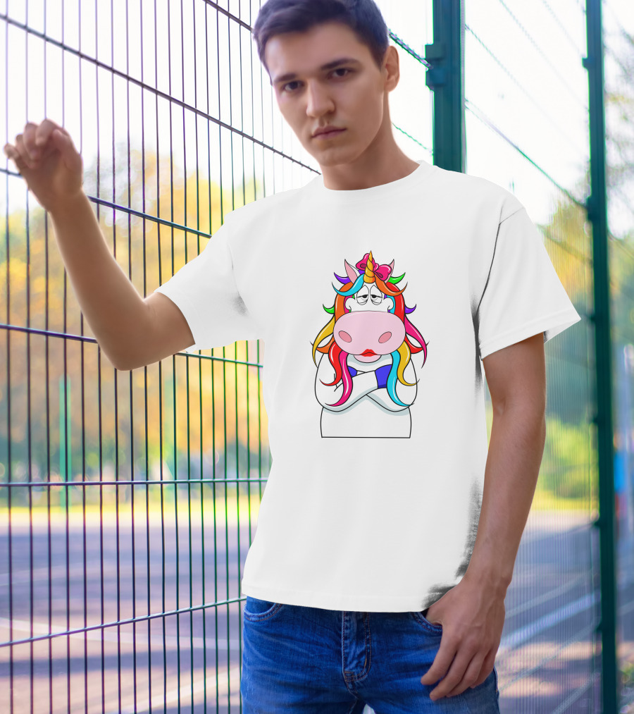 Bored Unicorn With Rainbow Mane And Crossed Arms T-Shirt