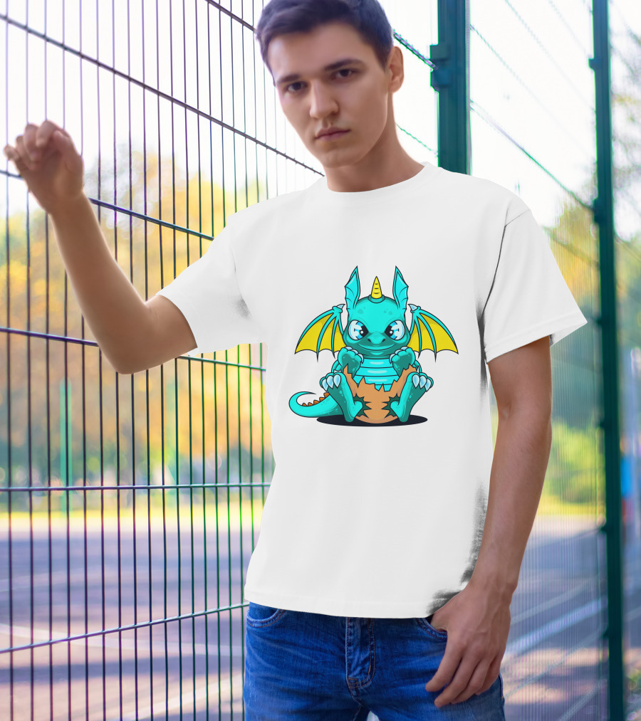 Cool Baby Dragon With Horns Sitting On Eggshell T-Shirt