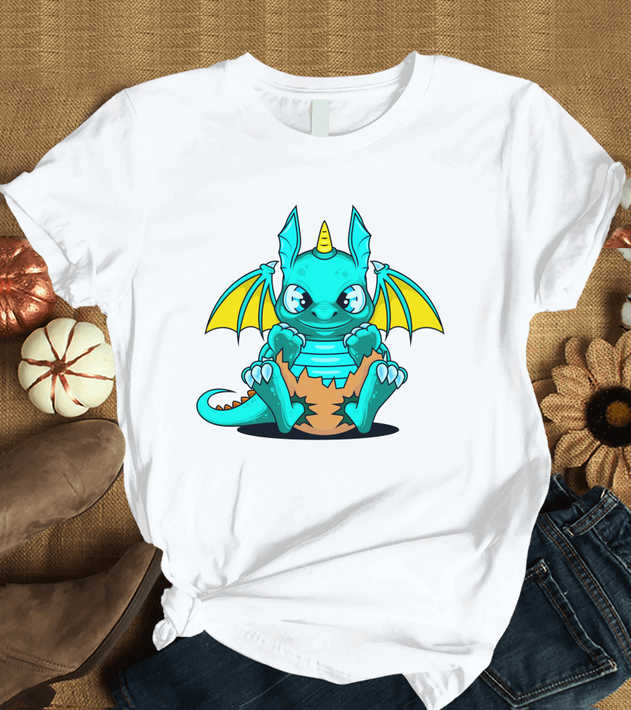 Cool Baby Dragon With Horns Sitting On Eggshell T-Shirt