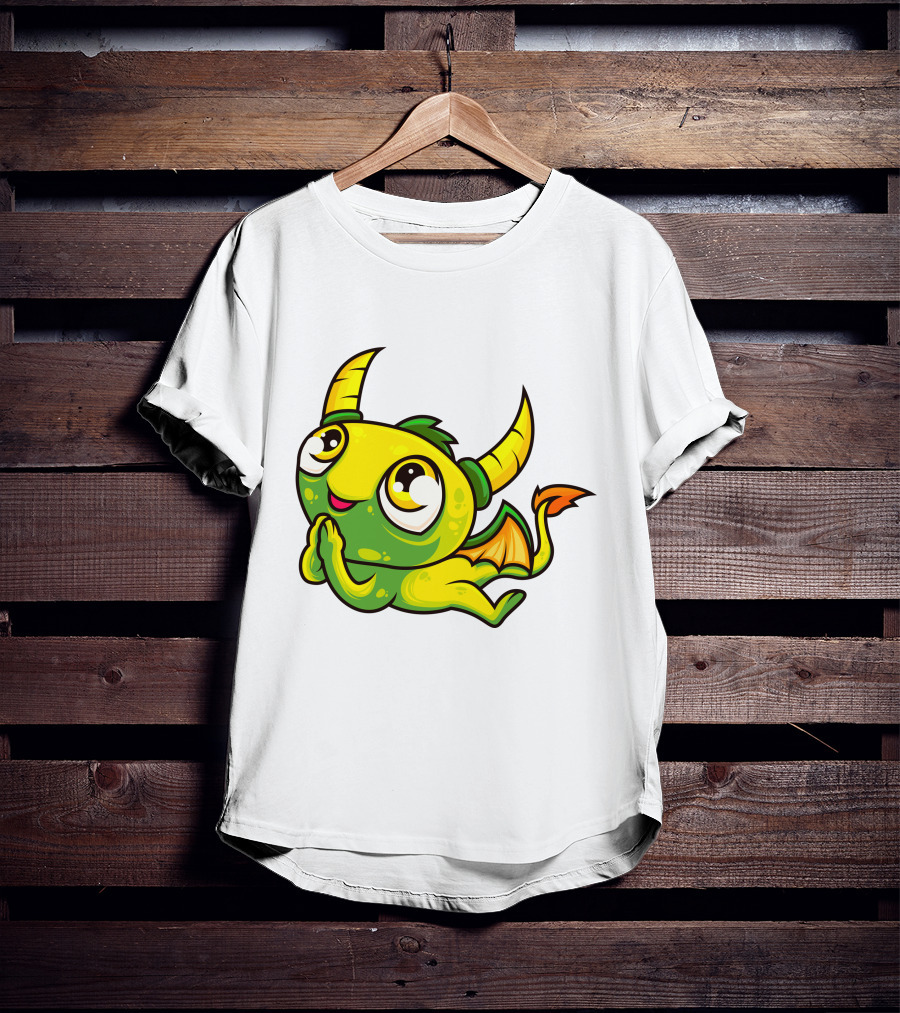 Cute Dragon Wishing Adorable Green And Yellow Horned Fantasy Character T-Shirt