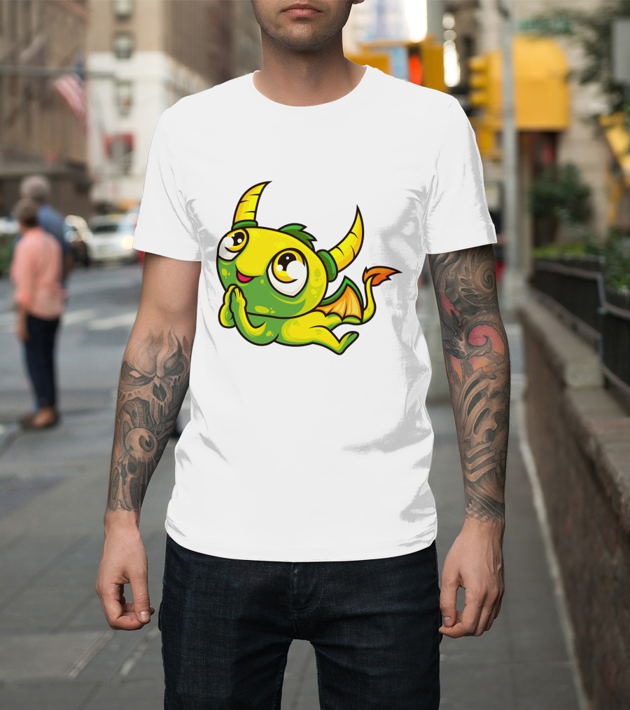Cute Dragon Wishing Adorable Green And Yellow Horned Fantasy Character T-Shirt