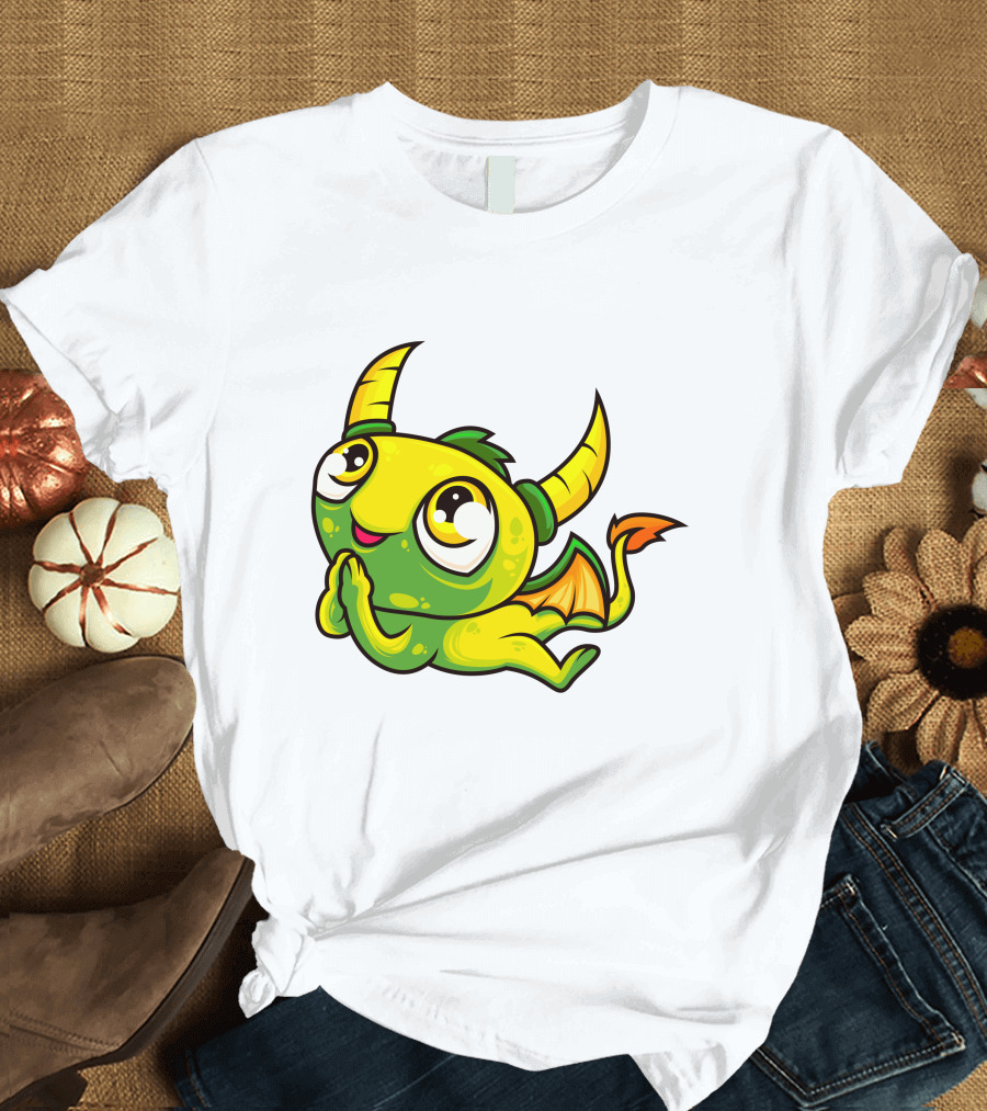 Cute Dragon Wishing Adorable Green And Yellow Horned Fantasy Character T-Shirt