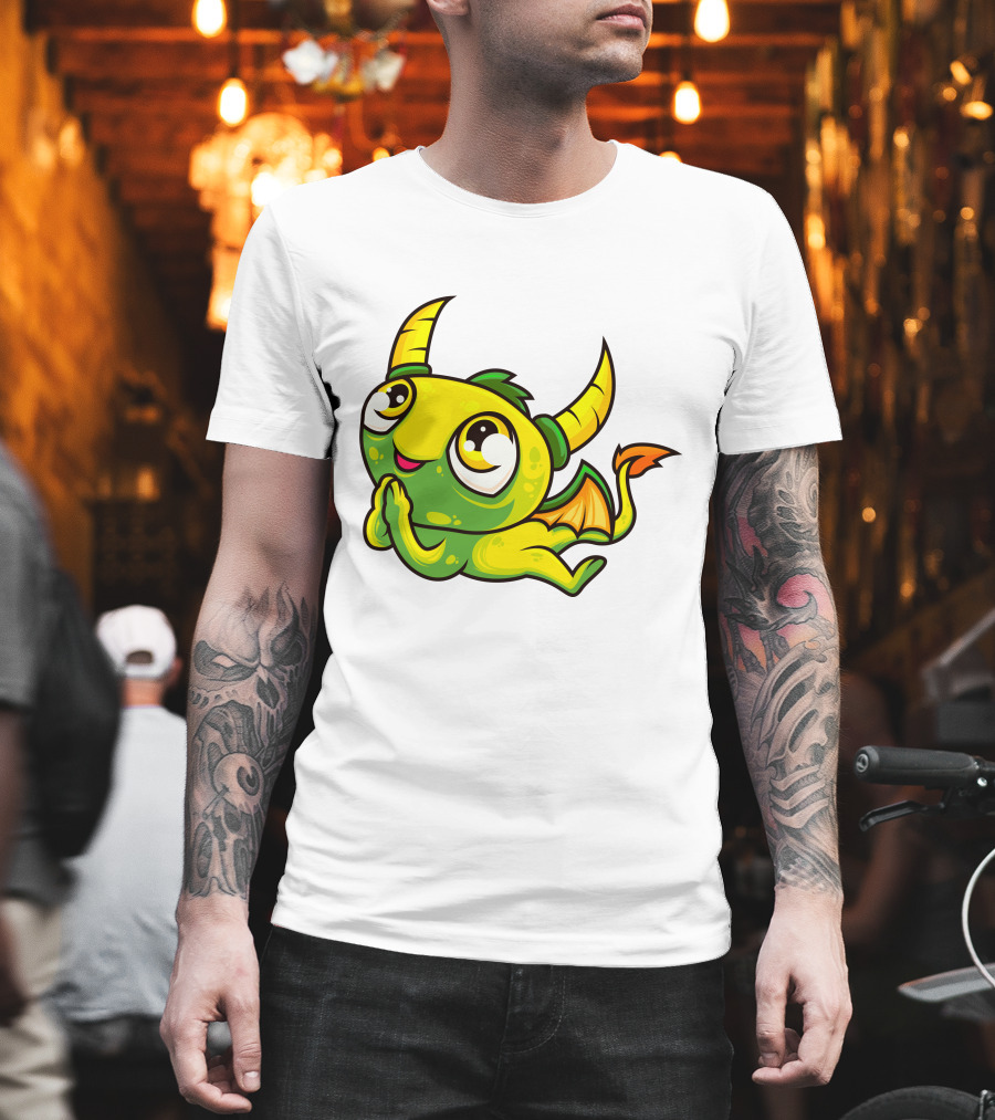 Cute Dragon Wishing Adorable Green And Yellow Horned Fantasy Character T-Shirt
