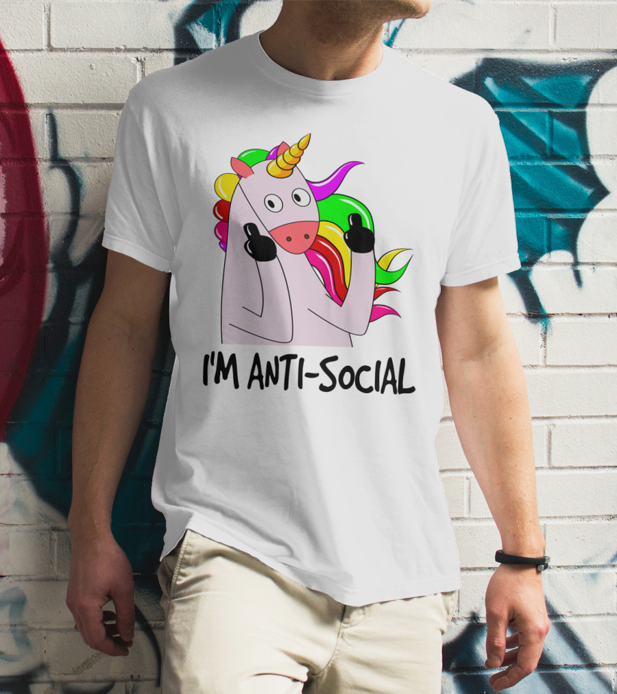 I'm Anti-Social Unicorn Colorful Rainbow Mane Black Gloves T-Shirt