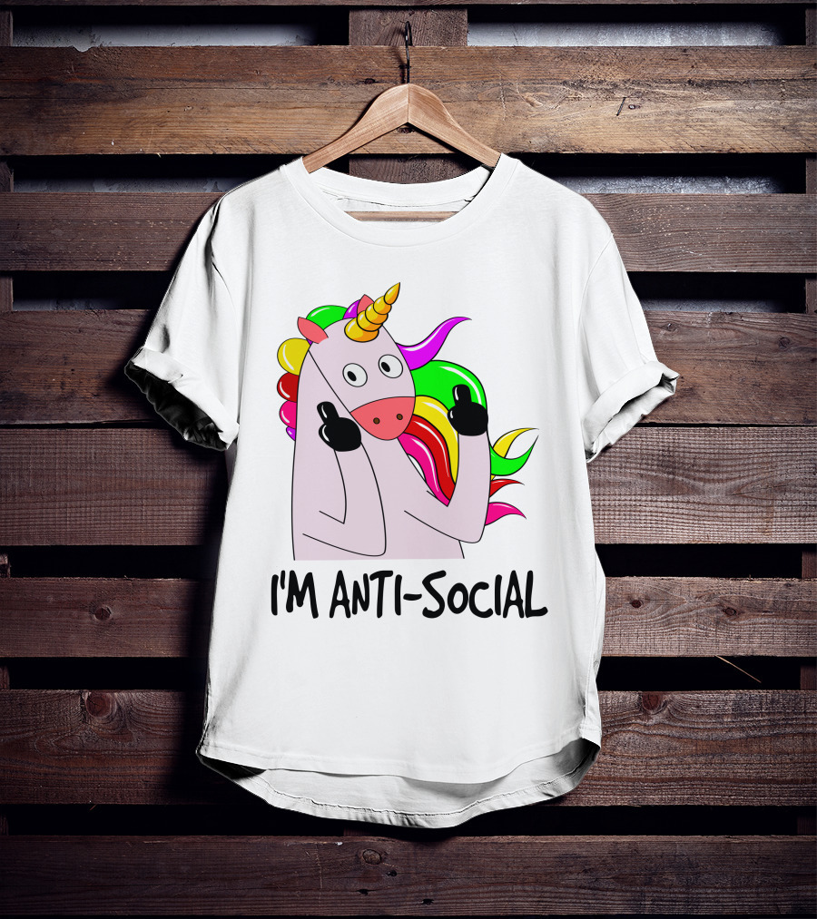 I'm Anti-Social Unicorn Colorful Rainbow Mane Black Gloves T-Shirt