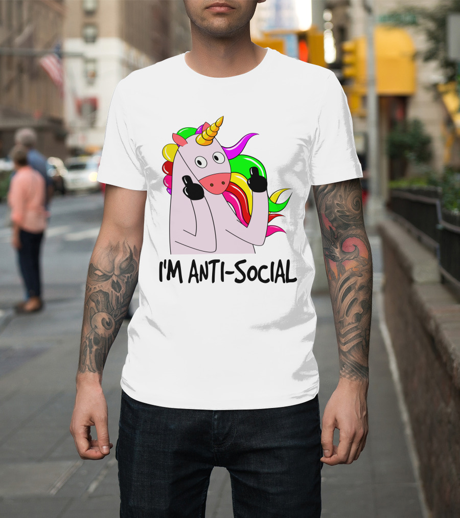 I'm Anti-Social Unicorn Colorful Rainbow Mane Black Gloves T-Shirt