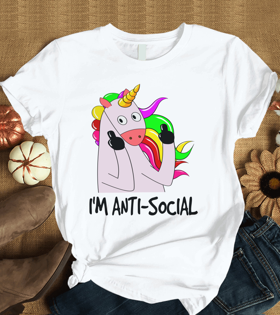 I'm Anti-Social Unicorn Colorful Rainbow Mane Black Gloves T-Shirt