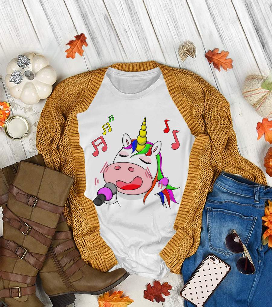 Unicorn Singing With Colorful Microphone And Musical Notes T-Shirt