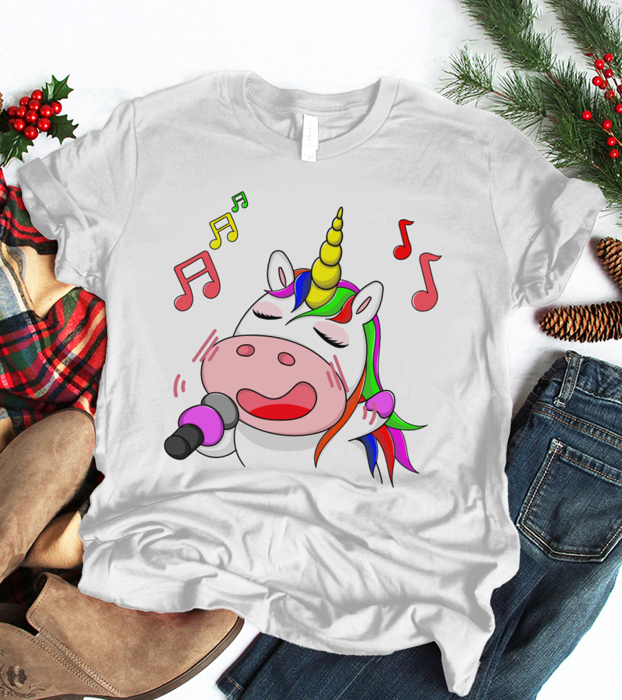 Unicorn Singing With Colorful Microphone And Musical Notes T-Shirt