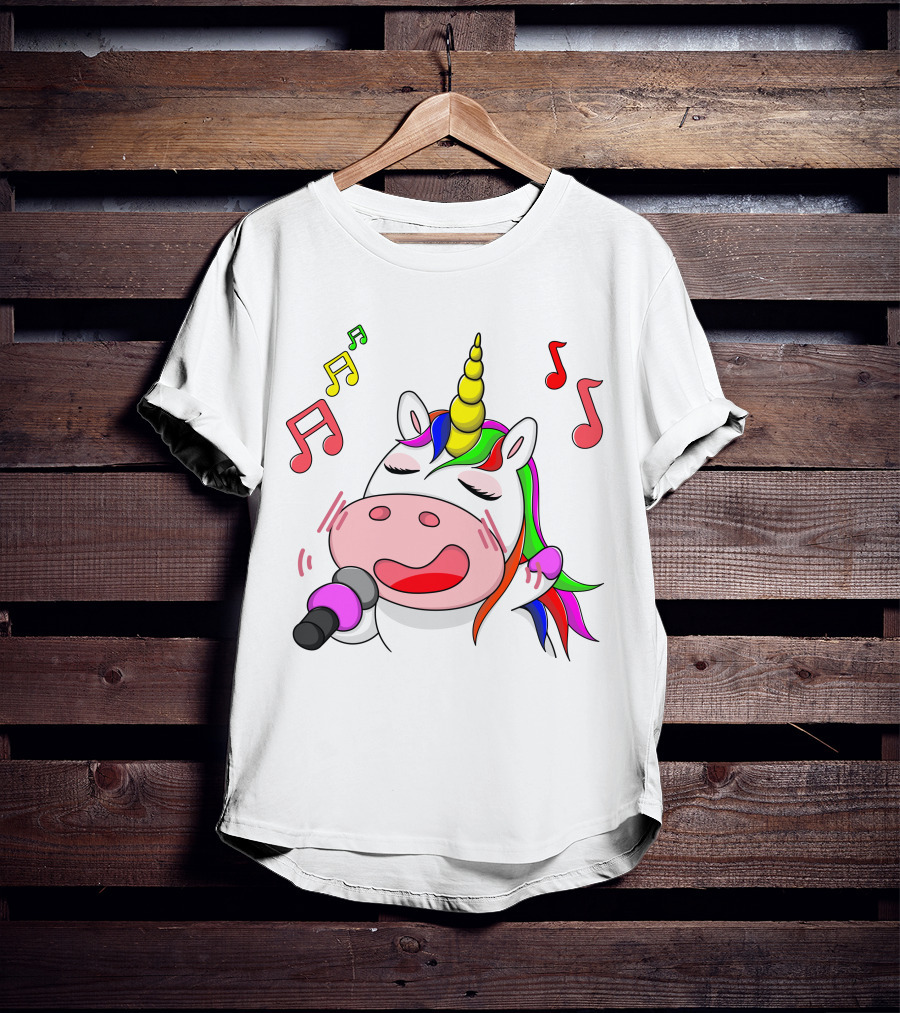 Unicorn Singing With Colorful Microphone And Musical Notes T-Shirt