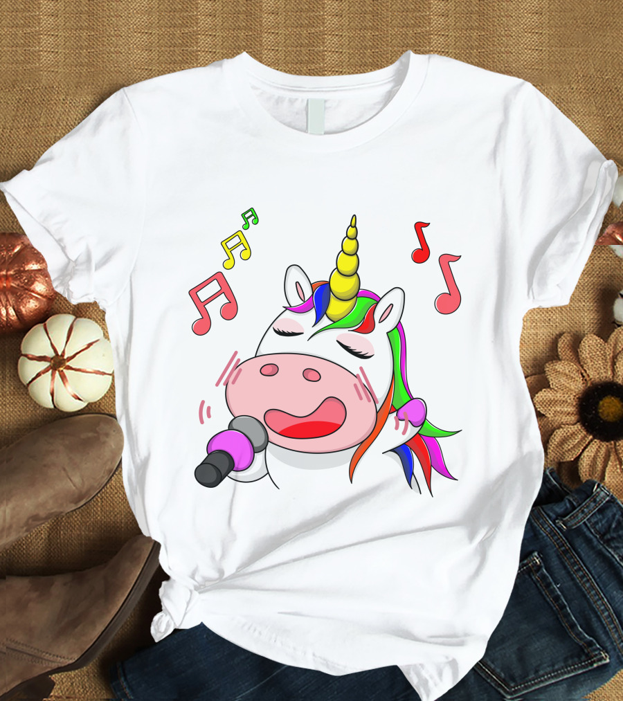 Unicorn Singing With Colorful Microphone And Musical Notes T-Shirt