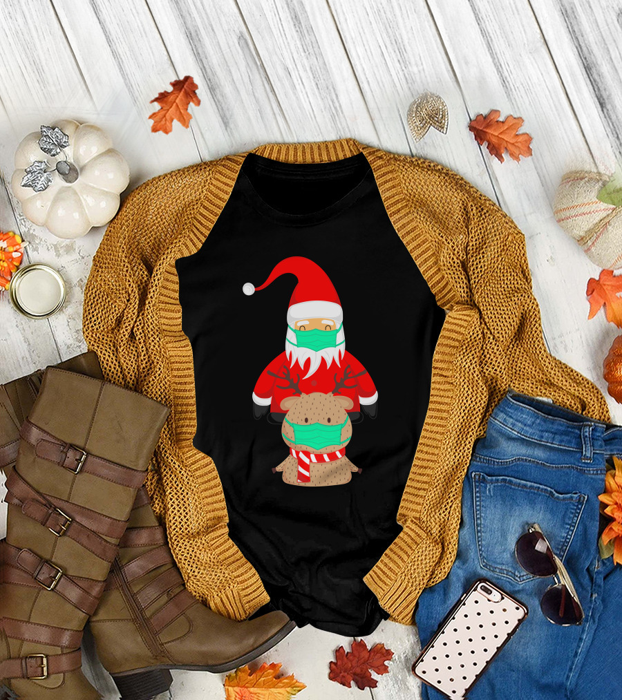 Santa Claus And Reindeer Wearing Masks T-Shirt