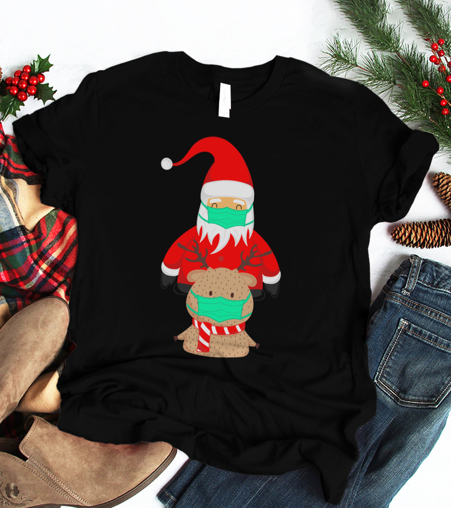 Santa Claus And Reindeer Wearing Masks T-Shirt