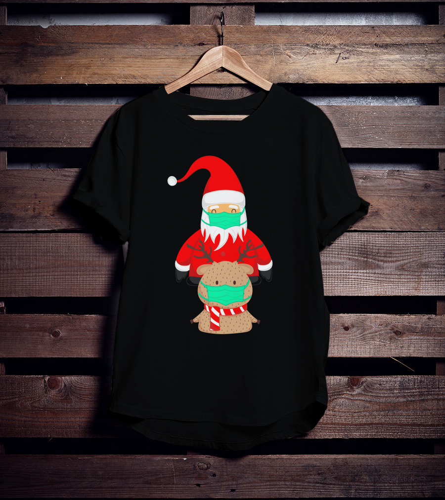 Santa Claus And Reindeer Wearing Masks T-Shirt