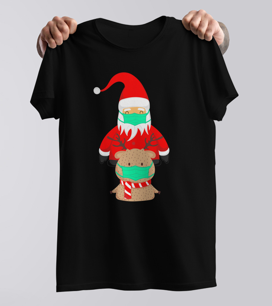 Santa Claus And Reindeer Wearing Masks T-Shirt