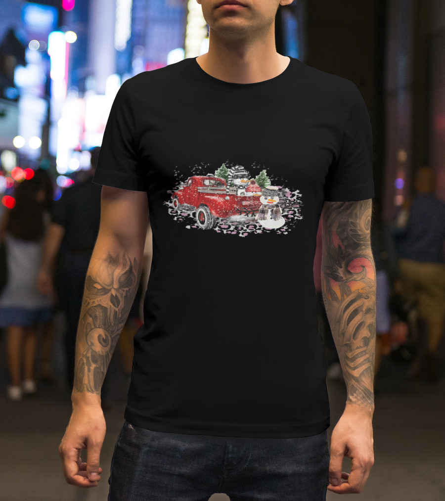 Christmas Snowman Truck Red Watercolor Snow Scene T-Shirt