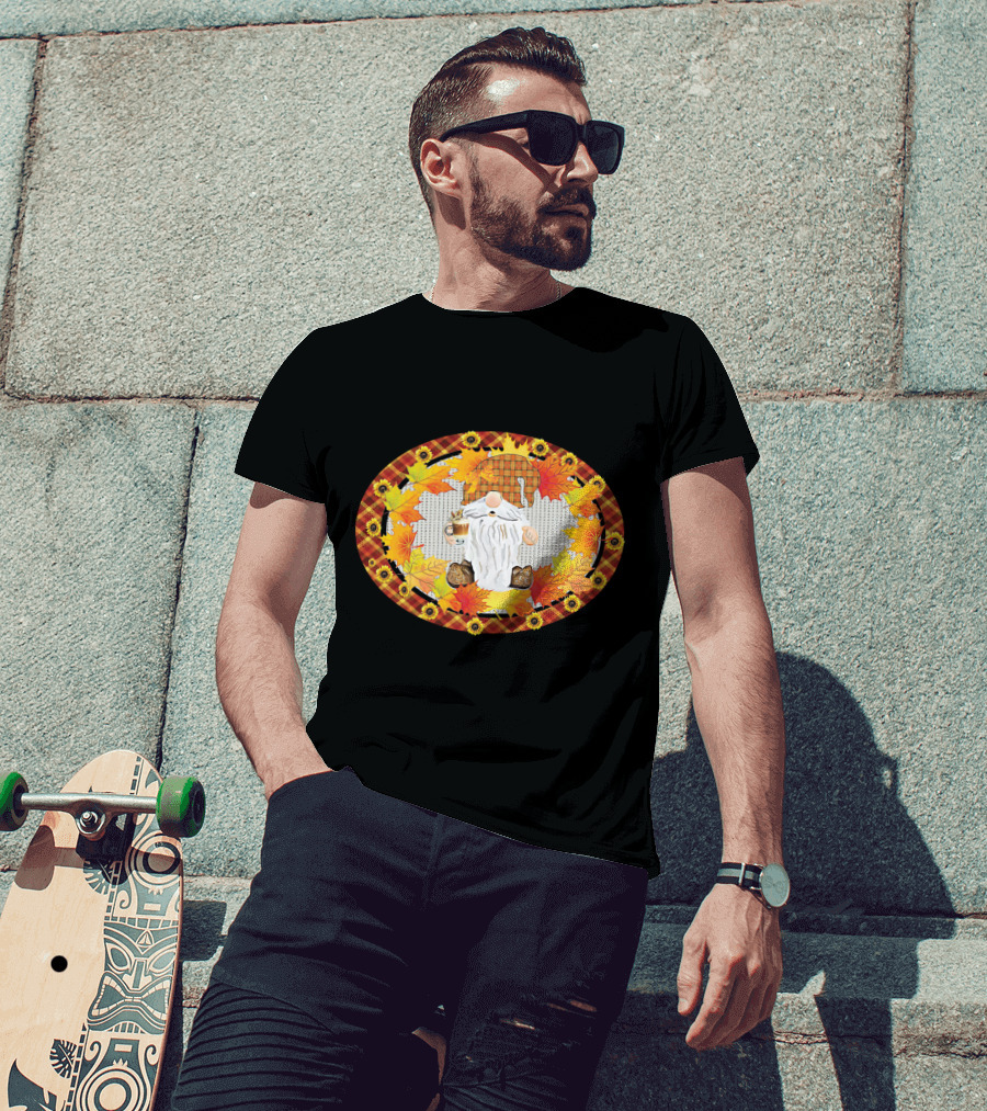 Fall Gnome With Coffee Mug Surrounded By Autumn Leaves And Sunflowers T-Shirt