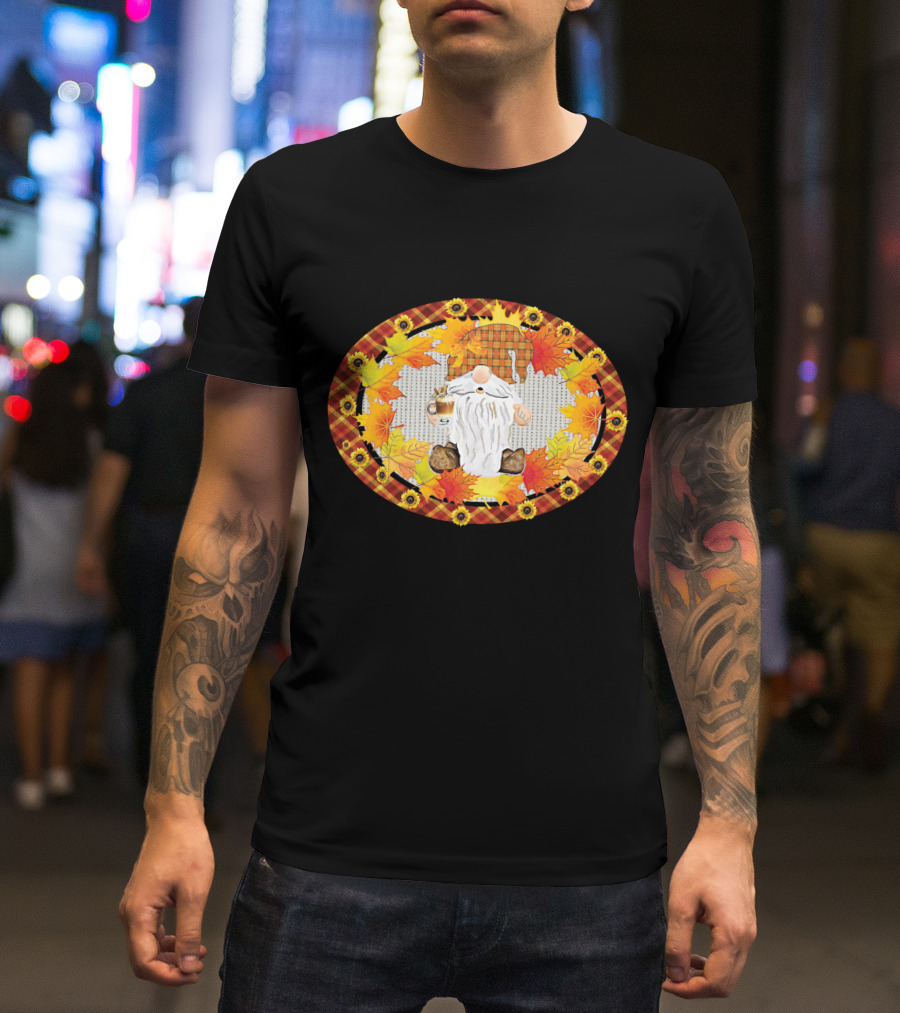 Fall Gnome With Coffee Mug Surrounded By Autumn Leaves And Sunflowers T-Shirt