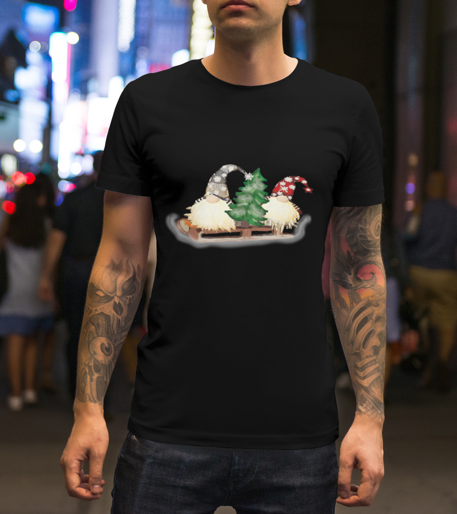 Gnomes On Sleigh With Christmas Tree And Snowflake Hats T-Shirt