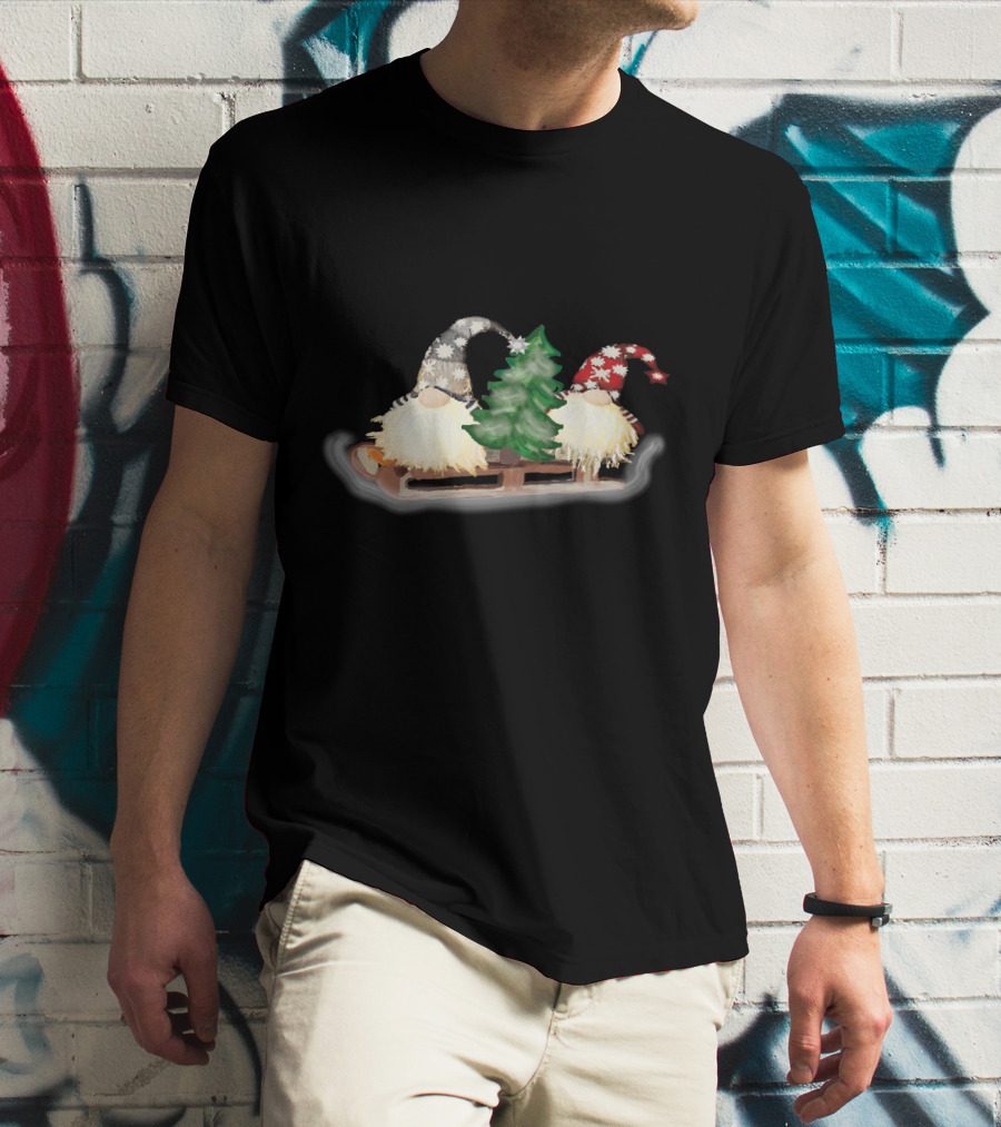 Gnomes On Sleigh With Christmas Tree And Snowflake Hats T-Shirt