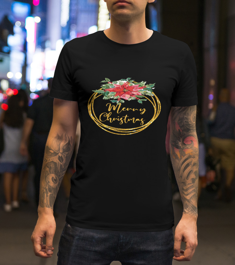 Merry Christmas Poinsettia Wreath T-Shirt