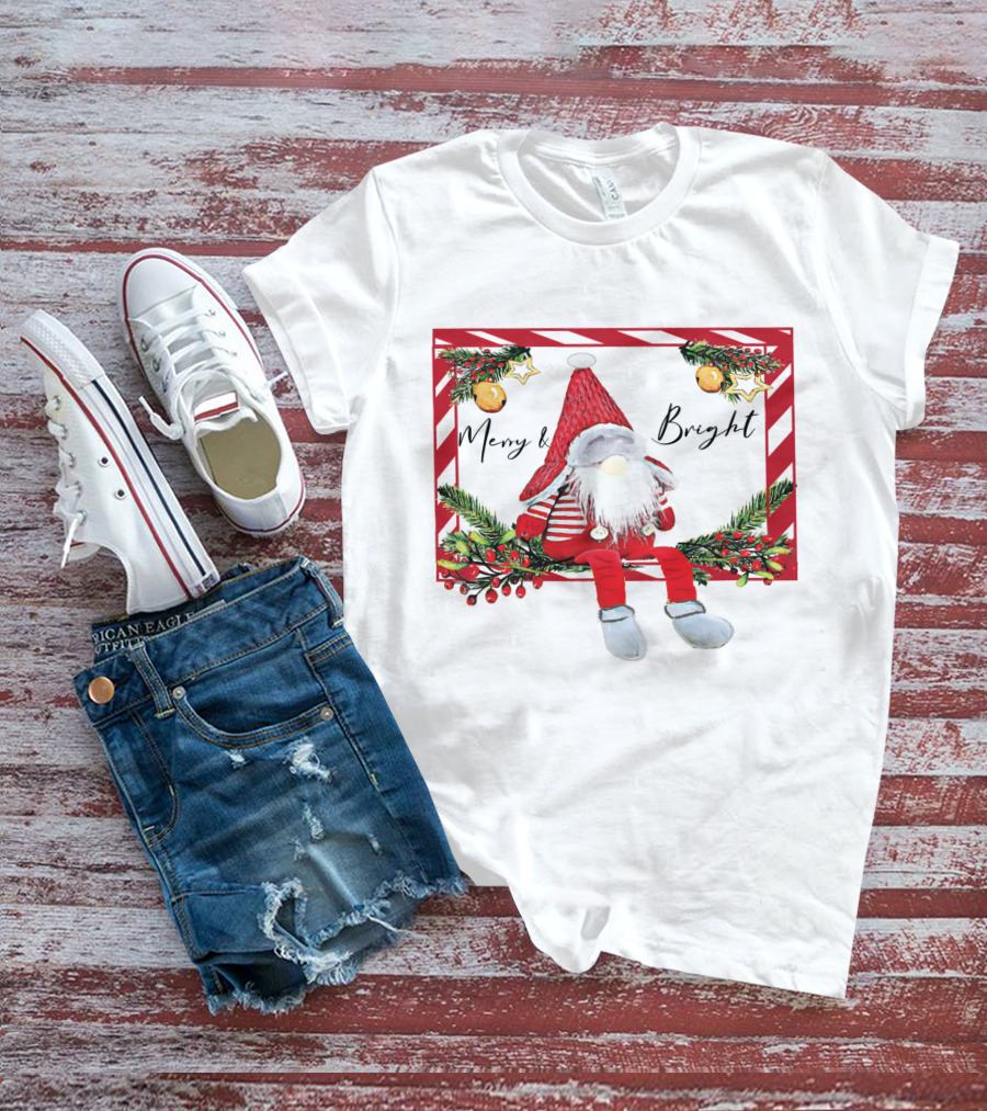 Merry And Bright Gnome Candy Cane Christmas Holiday T-Shirt